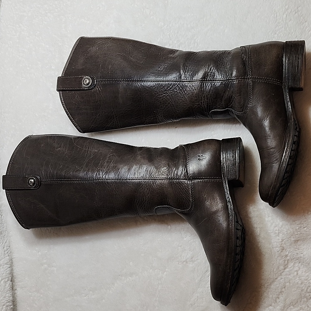 Frye  Melissa Tall Western  Riding Lug Boots Gray Leather Sz 6.5 - Picture 5 of 16